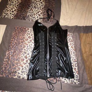 Black pleather zip-up mini dress